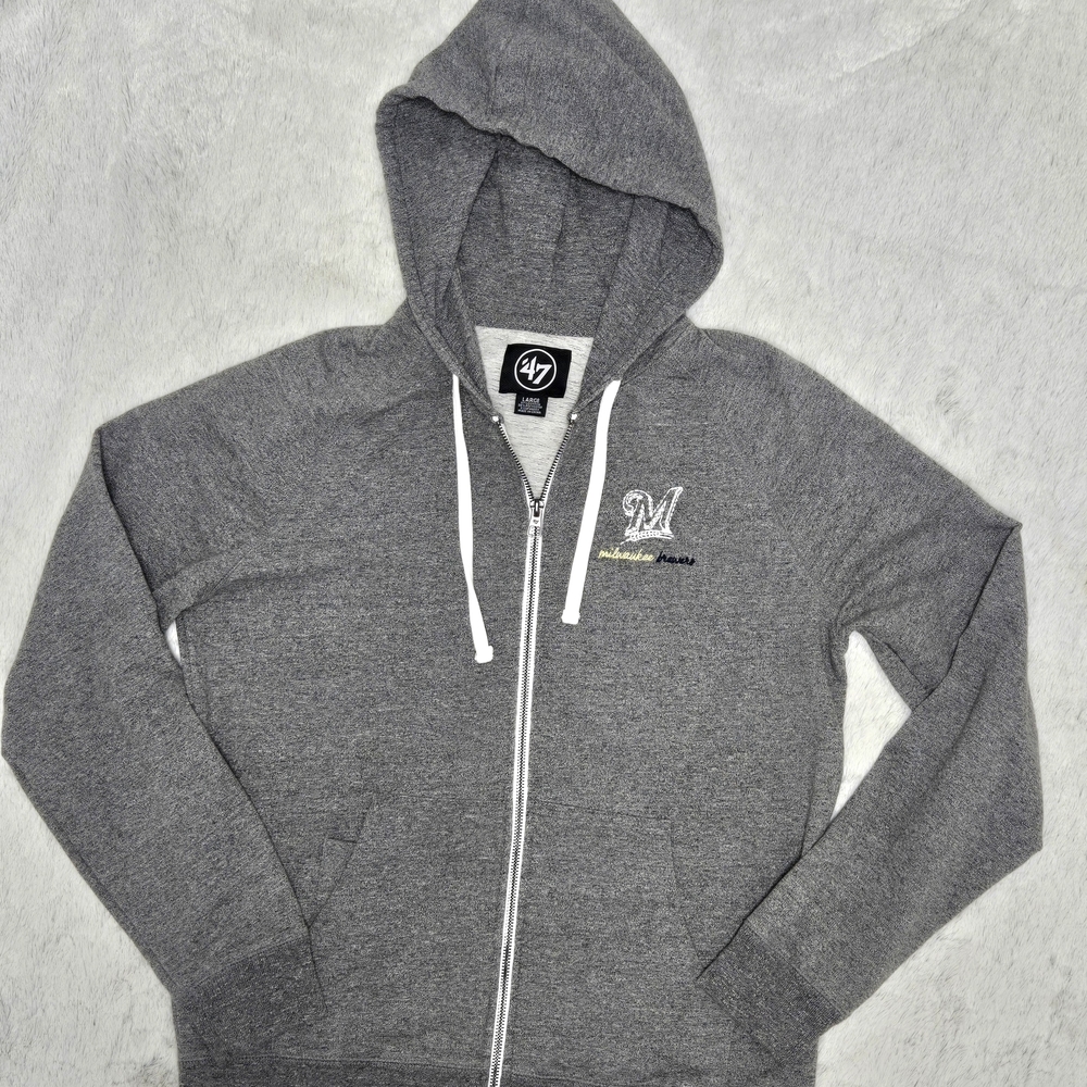 47 Gray Zip-Up Sweatshirt Featuring  Embroidered Brewers Logo